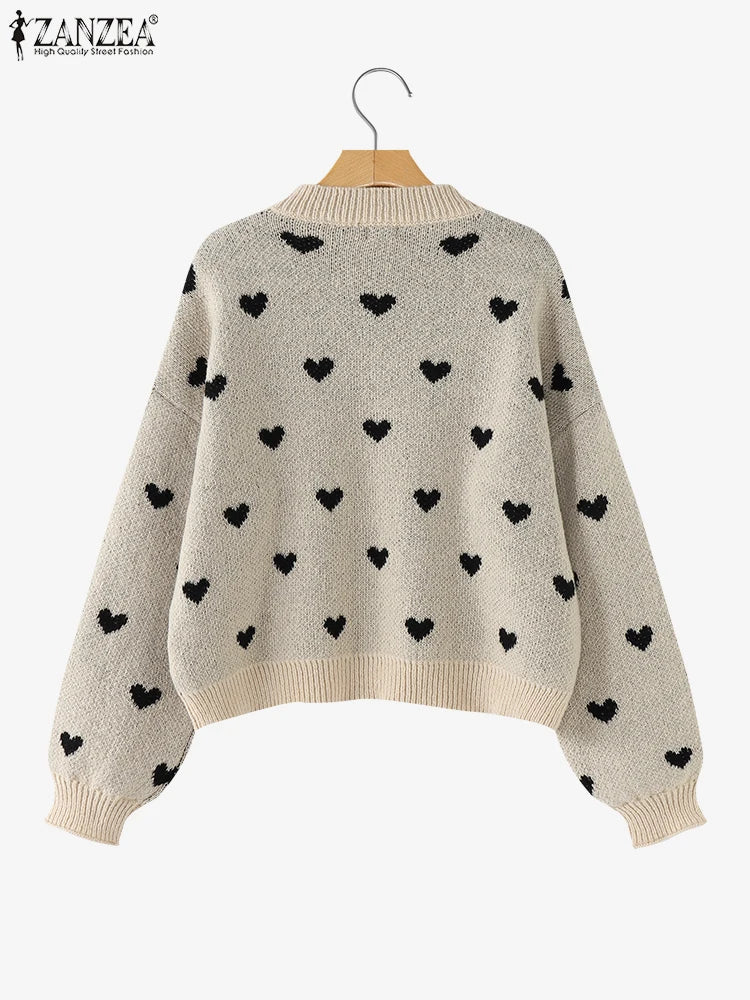 Women Loose Knitted Sweaters 2025 Spring Autumn Lantern Sleeve O Neck Heart Pattern Pullovers Streetwear Stylish Tops