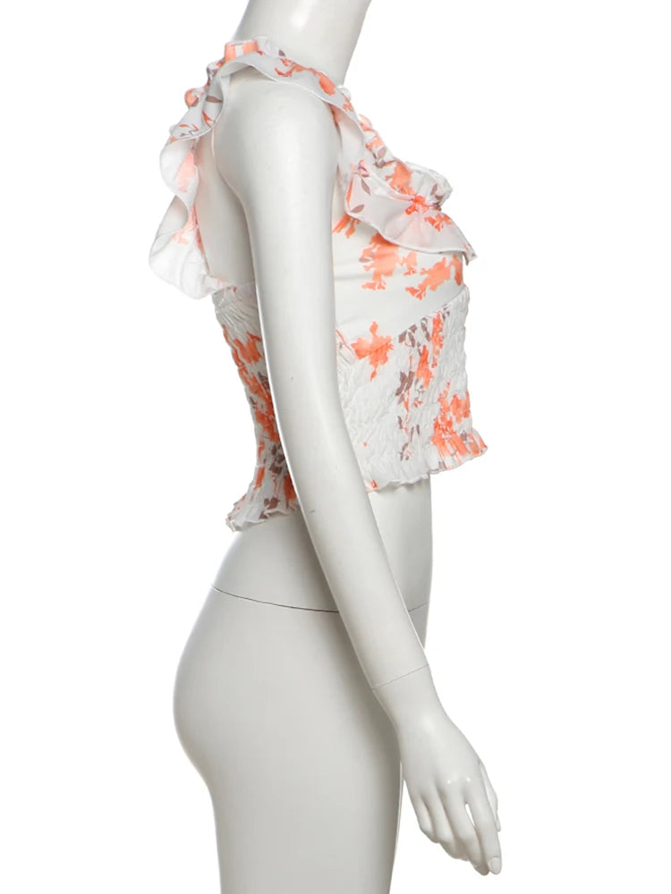 Vacation Thin Women Floral 2 Piece Set Elastic Ruffles Tank Tops + Peach Hip Skirts Matching Clubwear Romantic Outfits