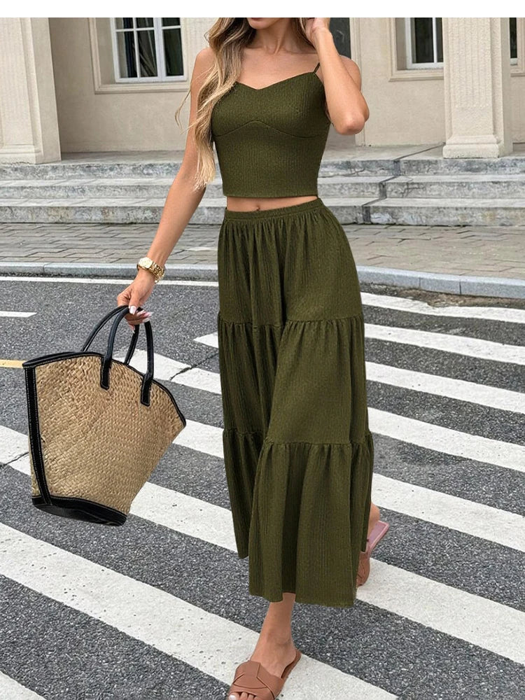 Sets Summer Simple Decent Solid Colour Screw Thread Sleeveless Sweetheart Neck High Waist Pleated Skirt Sets For Women