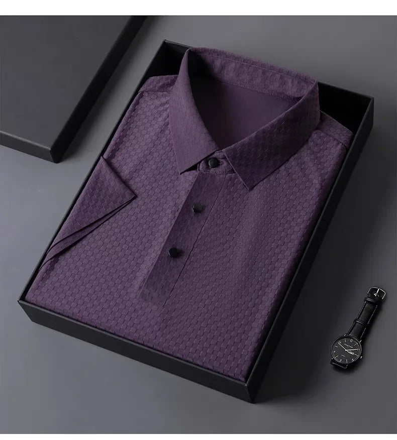 Men's Summer Luxury and Fashionable Casual Waffle Short Sleeve Polo Shirt, Lapel, Ice Silk, and High-End Breathable T-Shirt