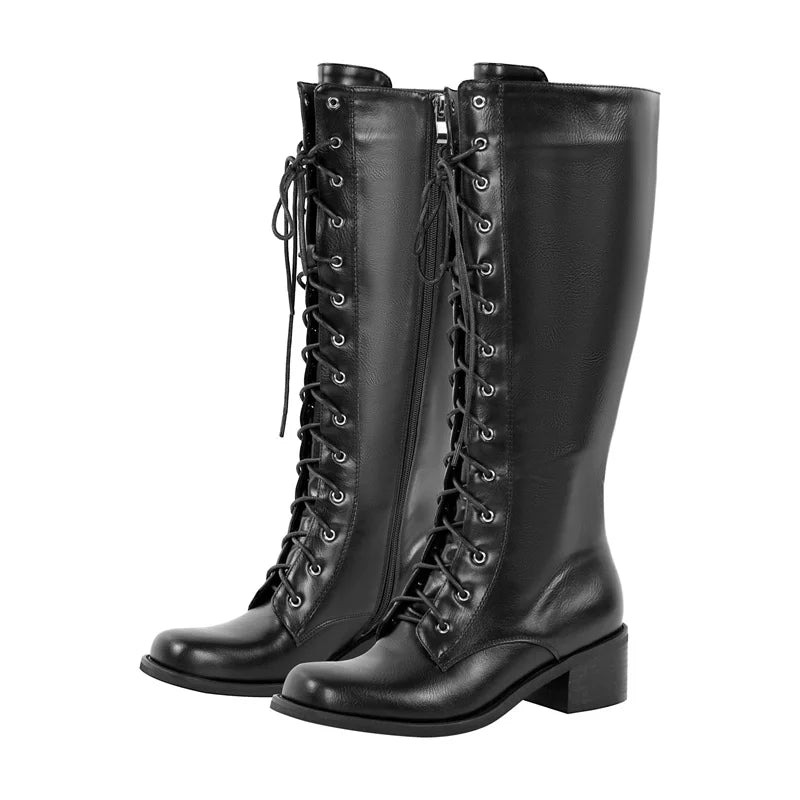 Women Knee High Boots Round Toe Black Matte Gothic Heeled Concise Side Zipper Winter Lace UP Motorcycle Boots