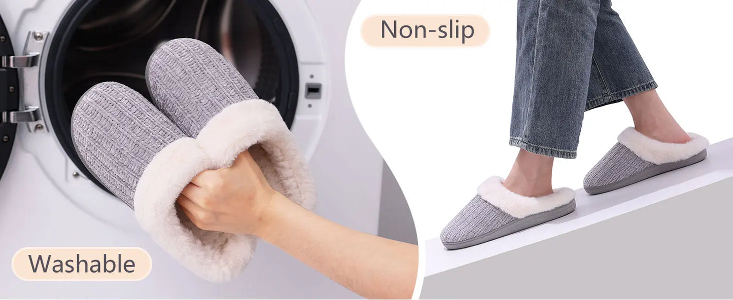 Women's Fleece Lined Warm House Cotton Slippers With Memory Foam and Non-Slip Cosy Fluffy Sole Plush Knit Slides Suitable For Bedroom Use