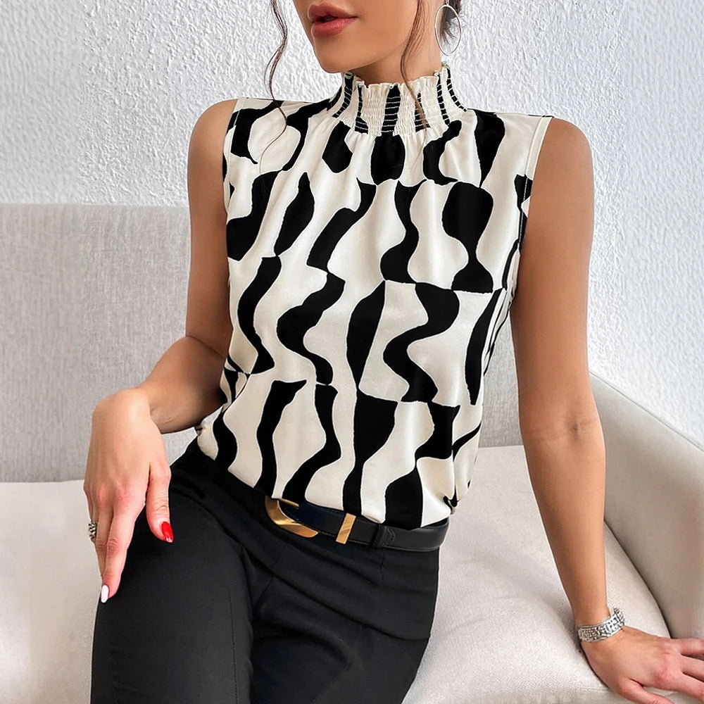 Blouses Spring Summer Casual Hot Sweet Irregular Grain Contrast Colour Sleeveless High Neck Daily Blouses for Women