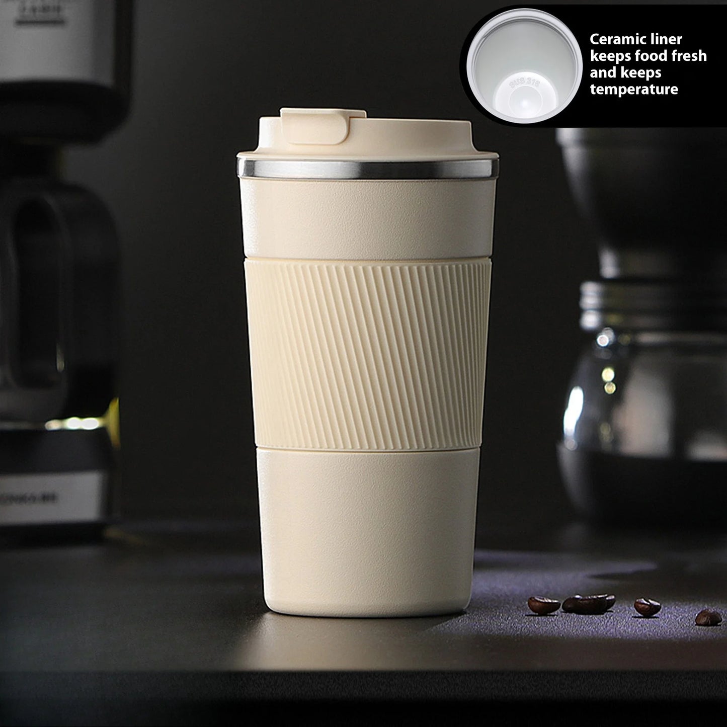 316 Stainless Steel Ceramic Insulated Travel Mug with Handle – Leakproof, Heat-Resistant, Car Cup Holder Friendly – Premium