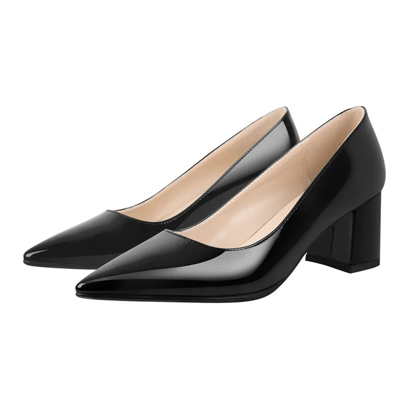 Women Black Pointed Toe Block Classic Slip On Thick Heel Office Dress Elegant Big Size Handmade Chunky Lady Sh