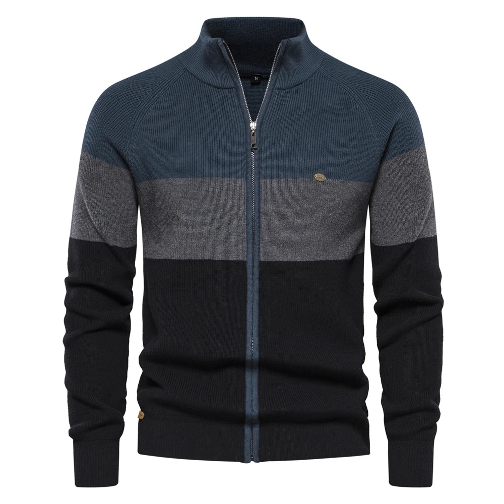 Men's Autumn and Winter Patchwork Colour Sweater For Men Zipper Cardigans High Quality Male Cotton Sweater