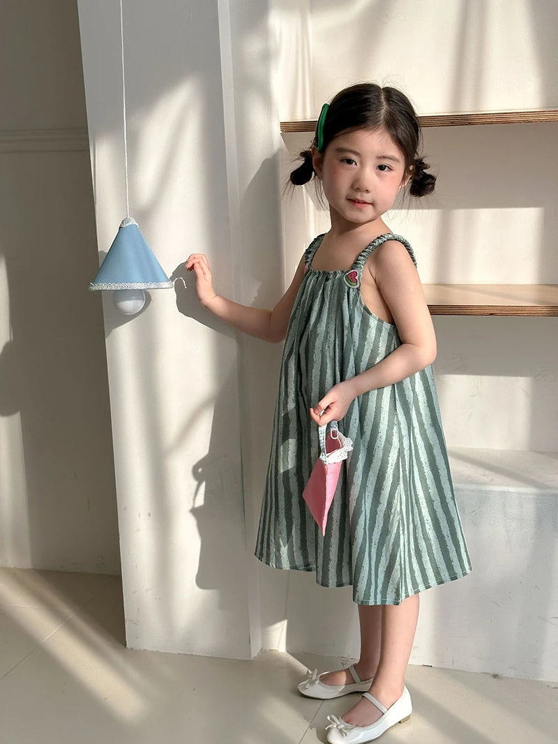 Children's Summer Clothes 2PCs Set Boys' Pure Cotton Striped Tee and Shorts Suit Cute Girls Suspenders Dress Siblings' Outfit Unisex