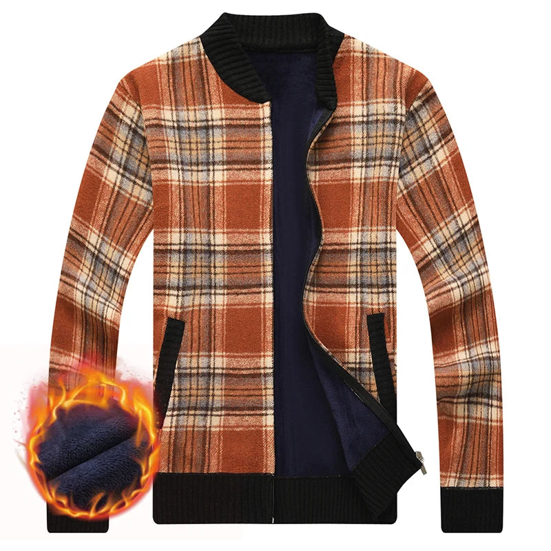 Men's Top Quality Woollen Thick Velvet Plaid Casual Baseball Collar Jacket, Korean Windbreaker Male Coats