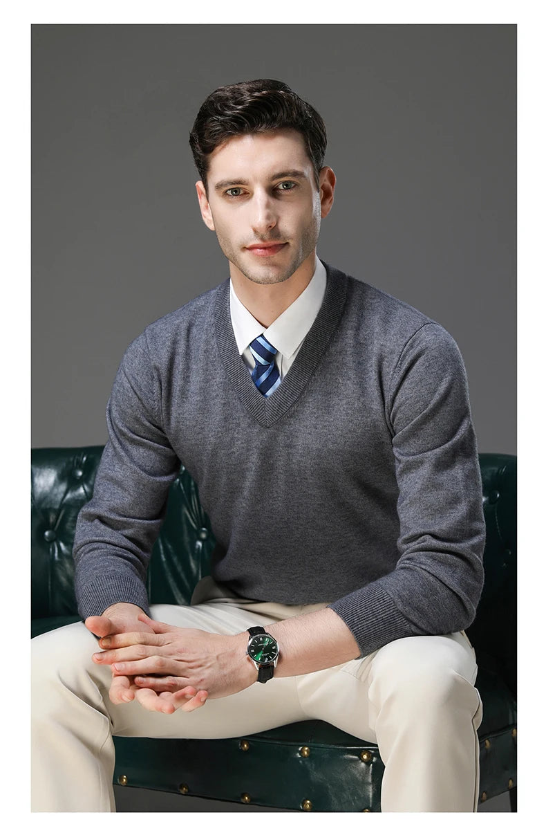 Men's Warm V-Neck Solid Colour Sweater, Autumn & Winter Stretch Top, Daily Leisure Pullover Knitwear, Male Business Casual