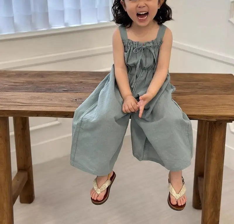 2025 Summer New Girls Fashion Sling Wide Leg Pants Cotton Children Casual Overalls Kids Jumpsuit Solid Baby Girls Loose Trousers 4-6Y