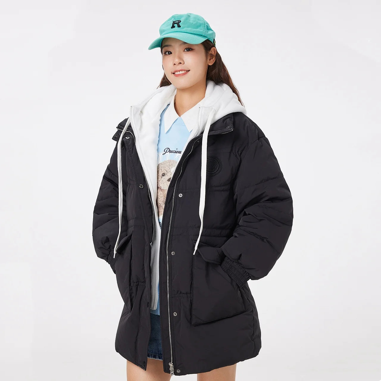 Women's Faux Two-Piece Mid-Length Puffer Jacket With Cosy Polar Fleece Lining, Hooded Warmth Loose Duck Down Coats For Ladies