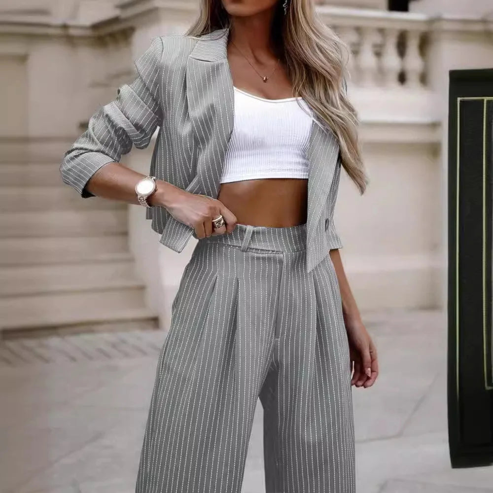 Two Piece Set Women Outfit Autumn Fashion Striped Notched Collar Long Sleeve Blazer Coat & Elegant Straight Leg Pants Set