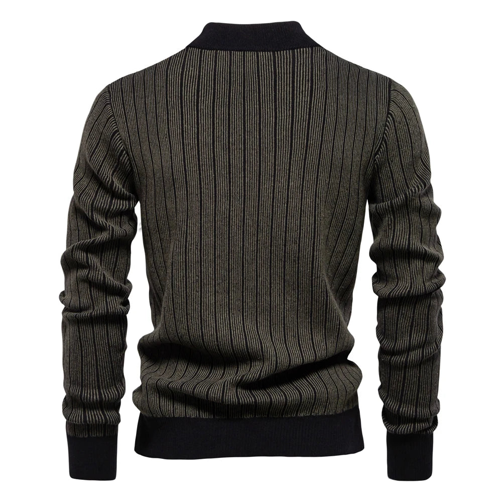 Men's Mock Neck Cotton Pullover Sweaters Autumn Winter Warm Stripped Sweater for Men