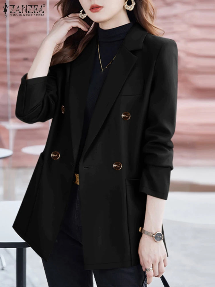 Casual Women Blazer Solid Office Lady Commute 2025 Spring Thin Jackets Lapel Neck Double-Breasted Long Sleeve Blazer