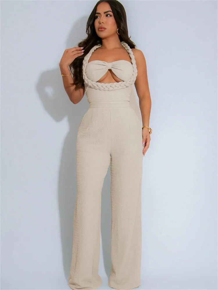 Women Fashion Straight Jumpsuit Summer Trend Twist Bandage Halter Ruched Hollow Backless Sleeveless Classic Outfits