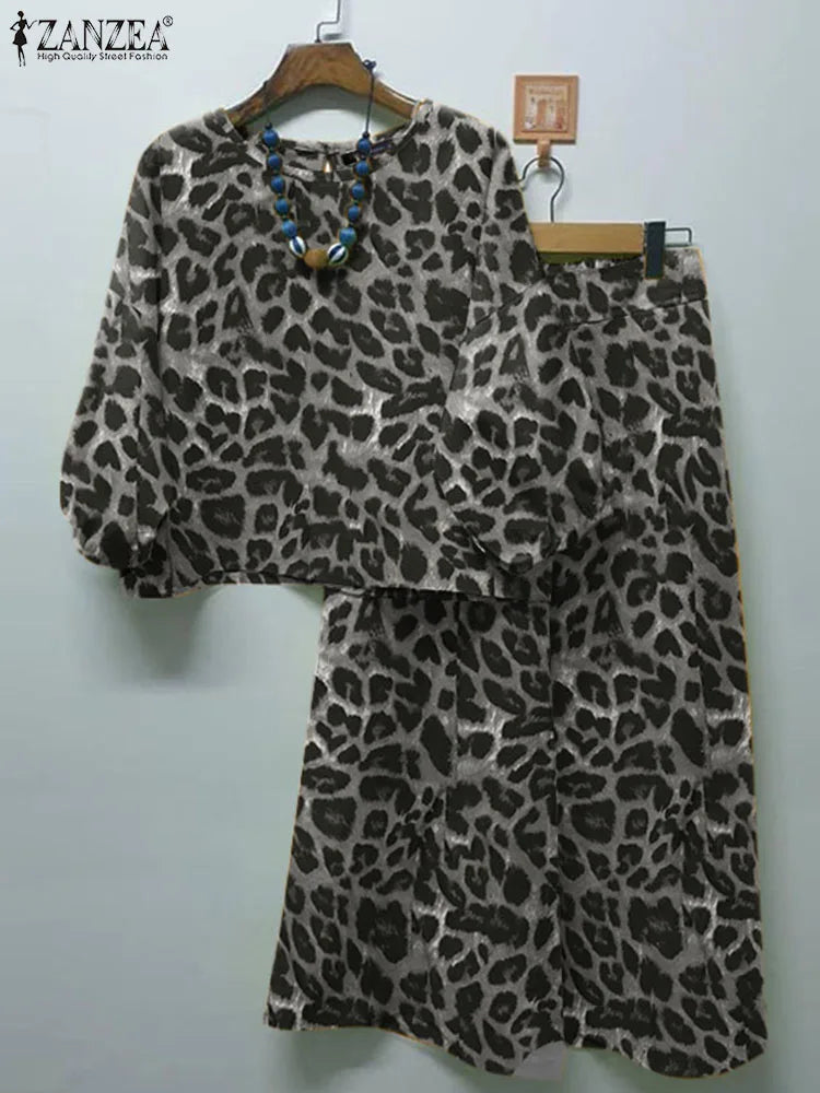 Spring Casual Leopard Printed Suit 3/4 Sleeve O-Neck Blouse Loose Trousers 2PCS Woman Fashion Party Matching Sets