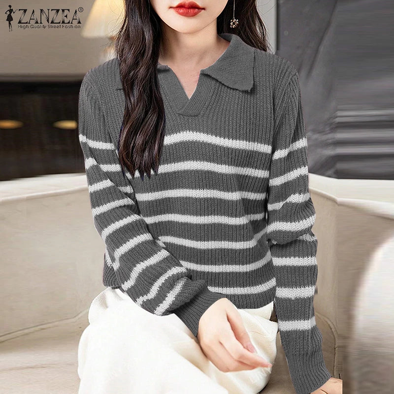 Elegant Women Striped Sweaters 2025 Spring Autumn Long Sleeve Turn-down Collar Knitted Pullovers Casual Stylish Jumpers