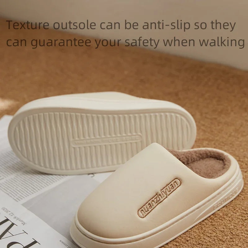 Unisex Anti-slip Waterproof Winter Cotton Slippers Women Men Home Indoor Warm House Shoes Couple Soft Flat PVC Sole Footwear