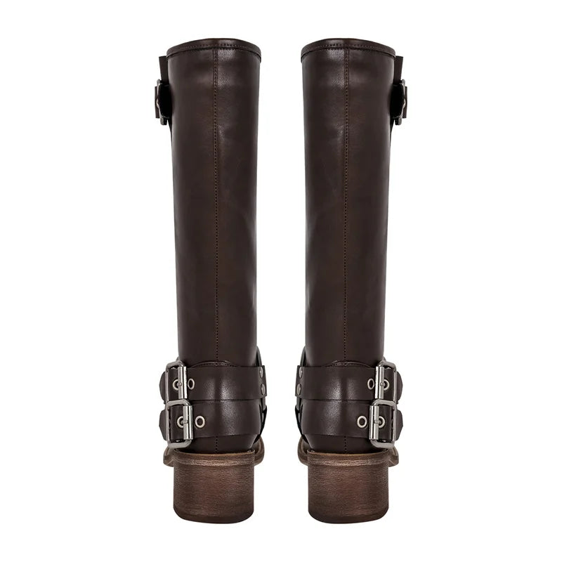 Women Gothic Black Round Toe Knee High Boots Heeled Metal Rivet Buckle Fashion 2023 Autumn Motorcycle Boots