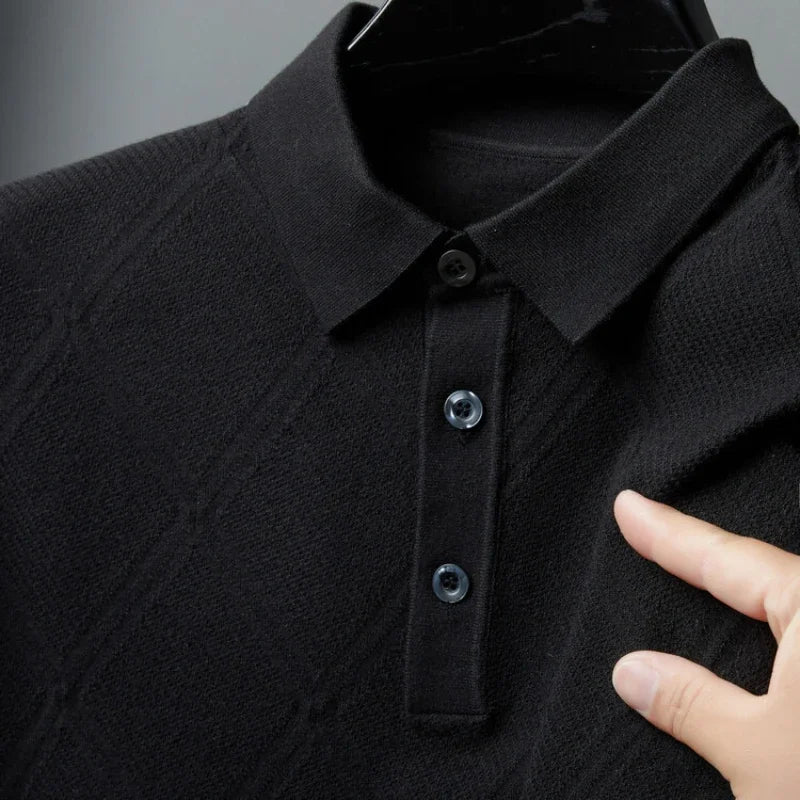 Men's Solid Colour Geometric Pattern Warm Polo, High Quality Woollen Sweater, Suitable For Business Casual & Daily Commute