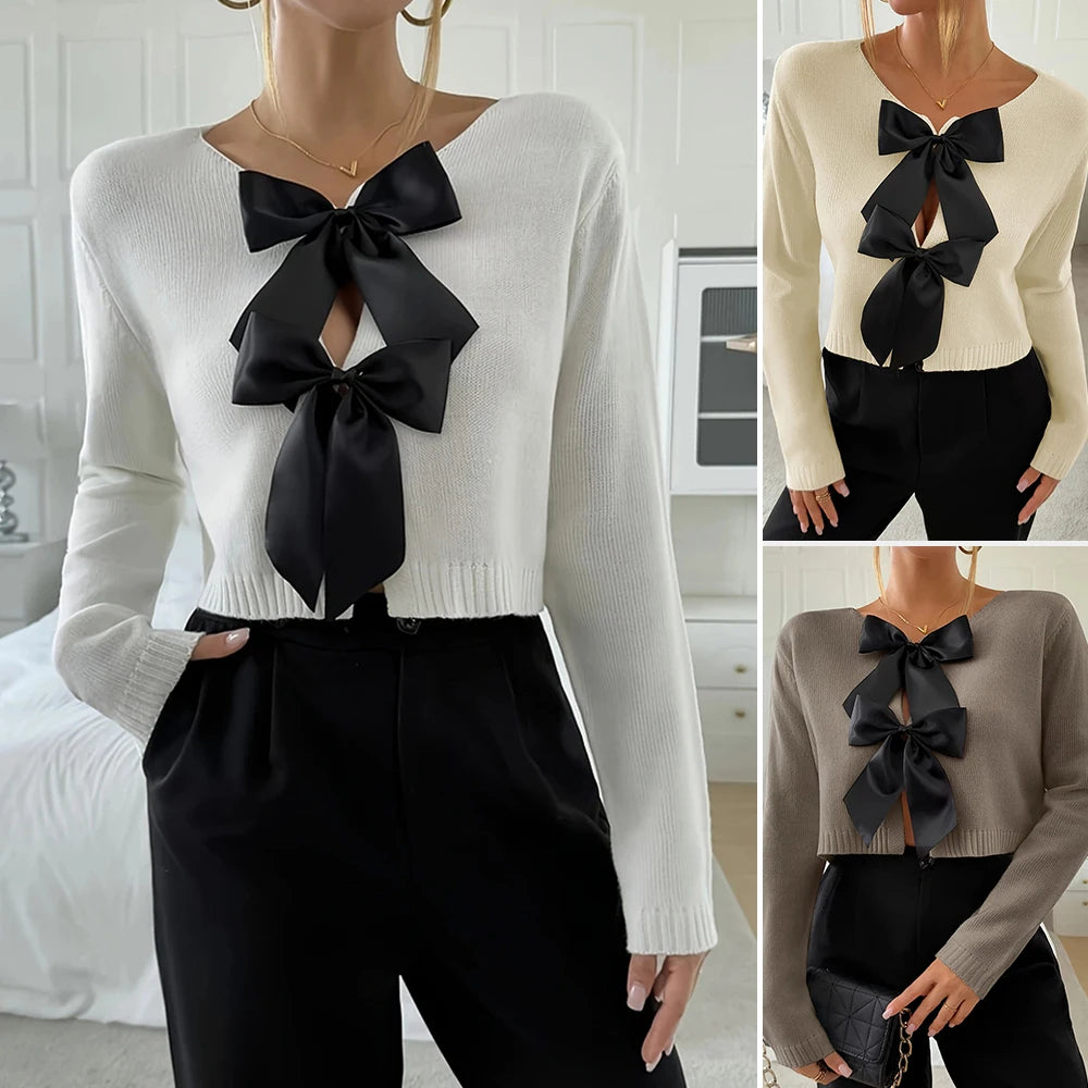 Autumn Cardigan 2025 Women's Mature Vibe Plain Bowknot Long Sleeve V-Neck Regular Fit Daily Basic Cardigan