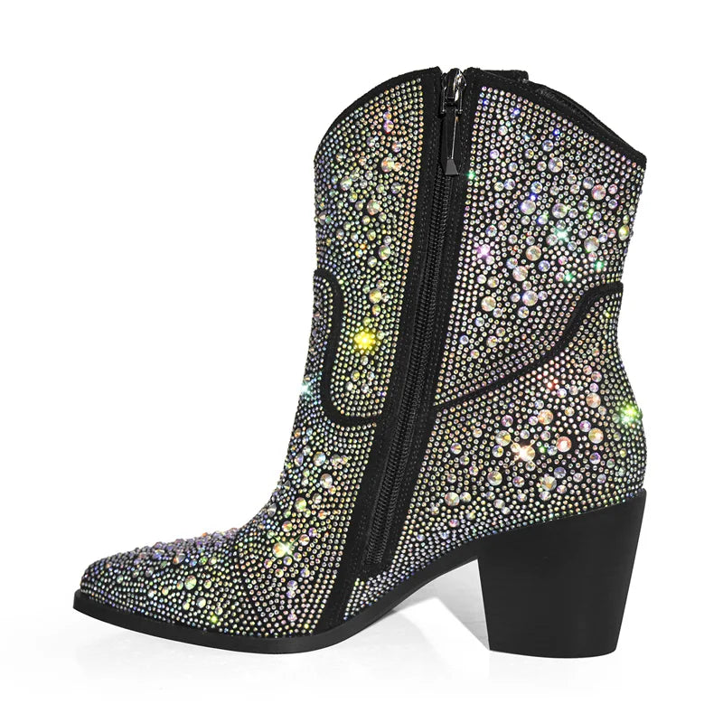 Women Rhinestone Pointed Toe Ankle Boots Silver Glitter Bling Shiny Pretty Gorgeous Dress Cowgirl Boots