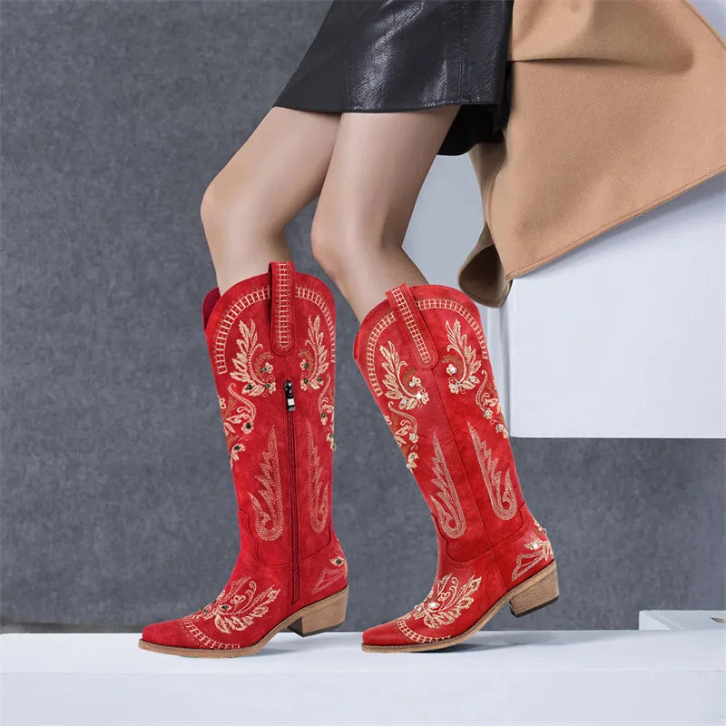 Women Pointed Toe Embroidered White Western Cowboy Boots Block Heel Pull-On Cowgirl Booties