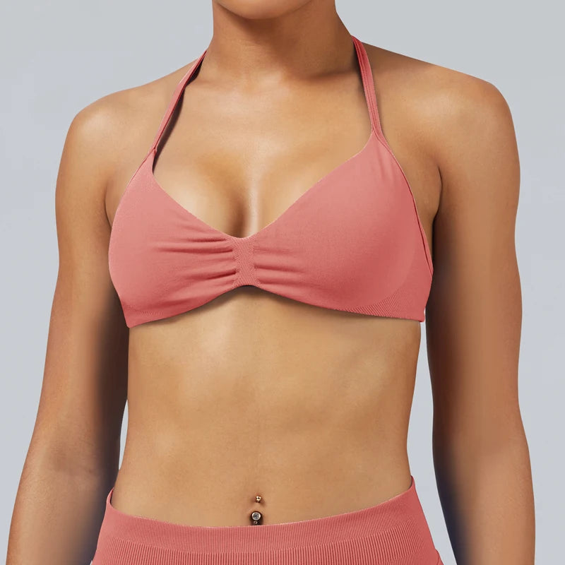 Seamless High Support Impact Yoga Bra Women Strappy Sport Bra Thin Strap Halter Workout Tank Fitness Top Gym Wear