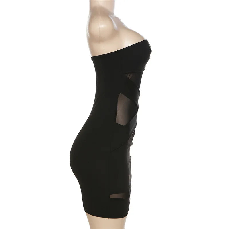 Midnight Dress See-Thought Mesh Patchwork Bandage Wrapped Chest Women Sexy Hip Wraps Dresses Female Partywear Clothing