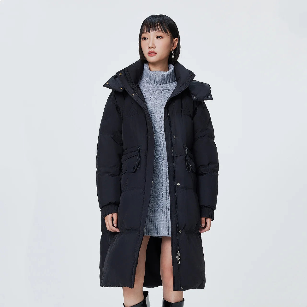 Women's Stand Collar Hooded Long Down Jacket, Waist Adjustable Belted Solid Colour, Thick Puffer Coat Fashionable Korean Style For Ladies