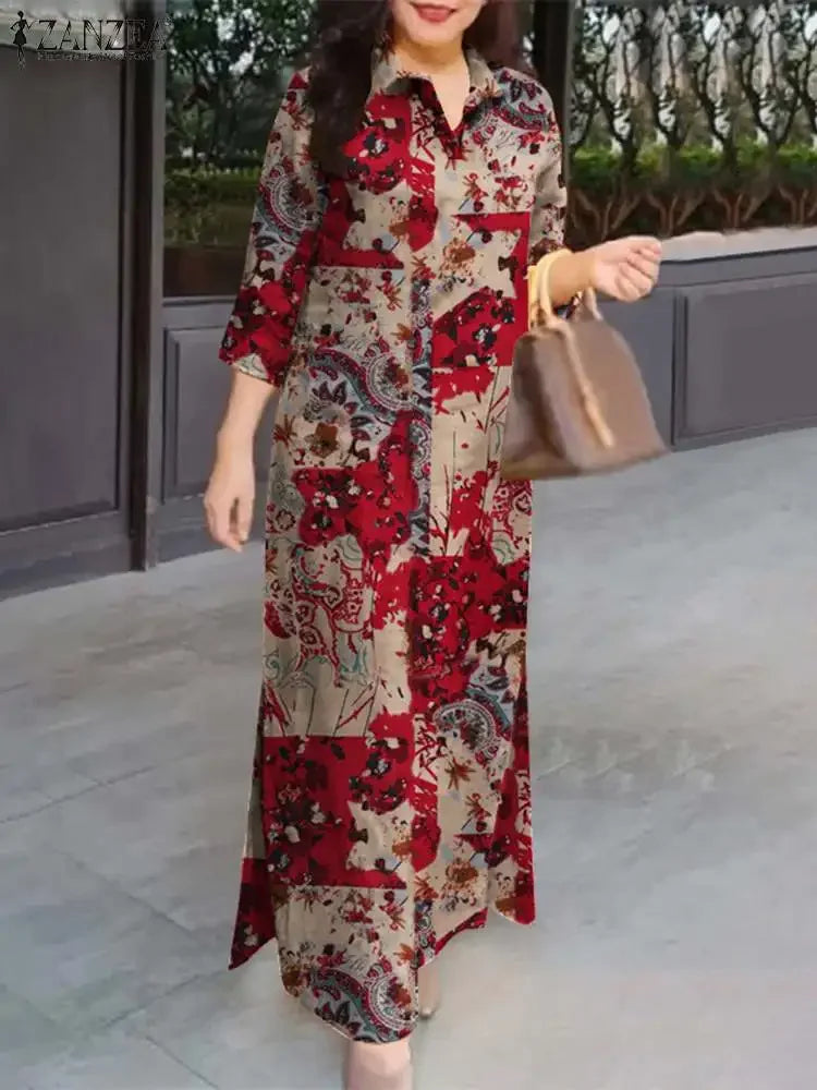 Women 3/4 Sleeve Long Dresses Autumn Fashion Lapel Neck Cotton Shirtdress Vintage Floral Print Maxi Shirt Dress