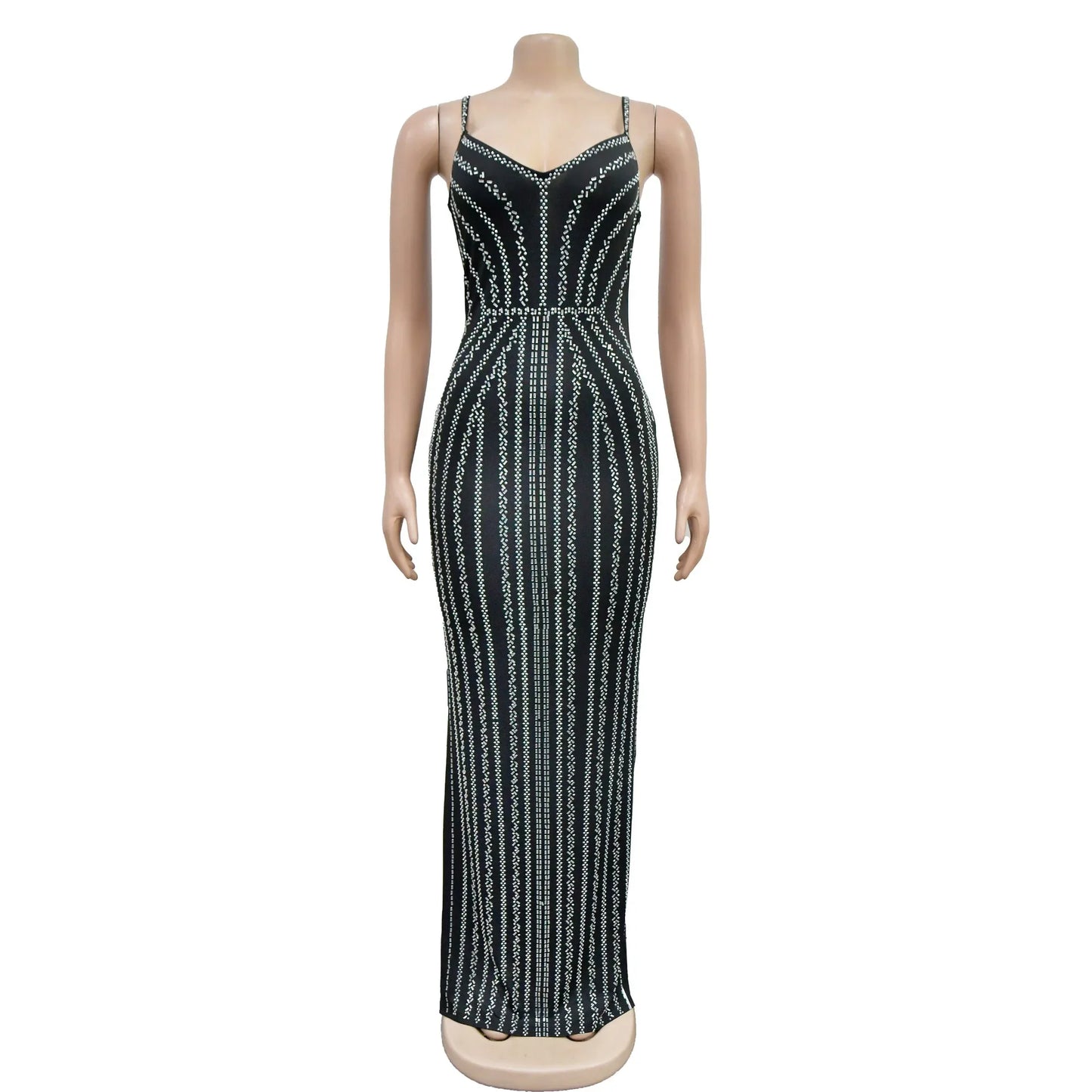 Women's Sexy Solid Color Spaghetti Strap Rhinestone Decor Deep V Neck Party Dress