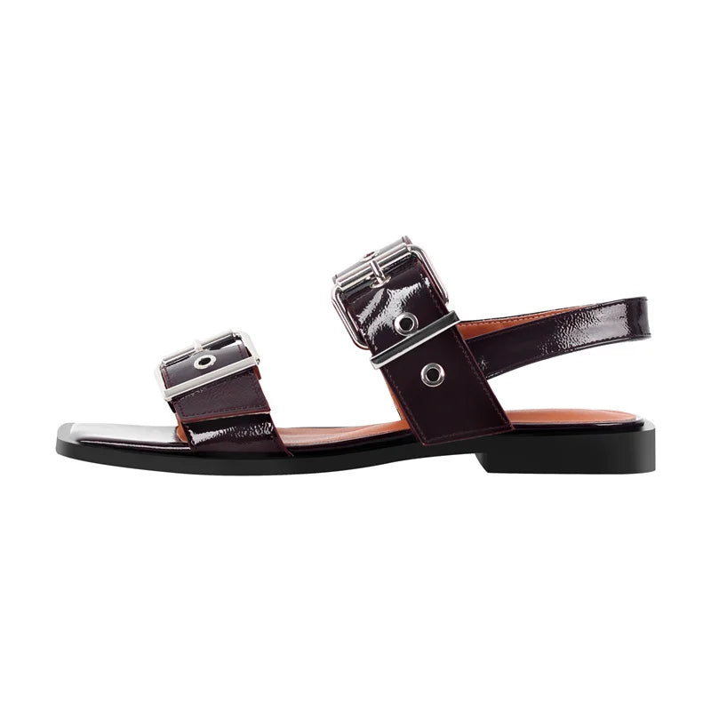 Women Square Toe Buckle Strap Flats Sandals Lady Big Size Summer Punk Retro Mary Jane Slingbacks Sandals