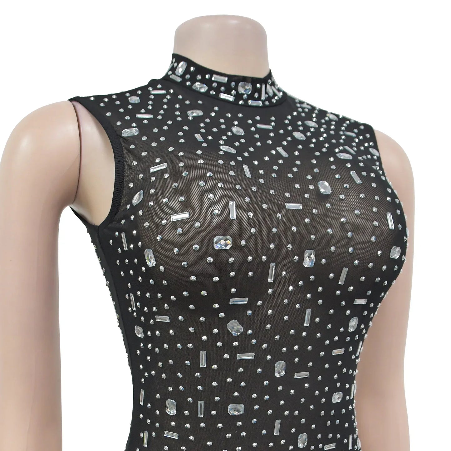 Women's Sexy See Through Sheer Mesh Halter Sleeveless Rhinestone Decor Floor-length Party Dress