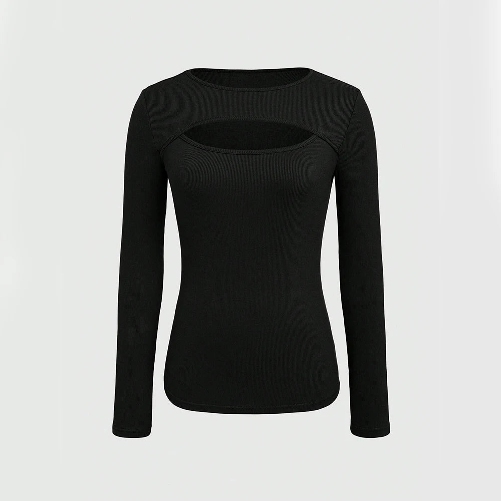 Women's T-Shirts Autumn Korean Cut Out Long Sleeve Round-Neck Skinny Casual T-Shirts