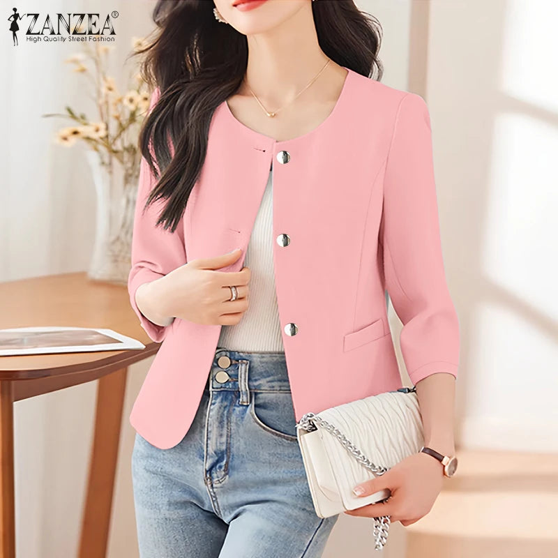 Elegant Women Over Shirts 2025 Autumn Fashion Round Neck 3/4 Sleeve Button Up Chemises Femme Office Wear Solid Outerwear