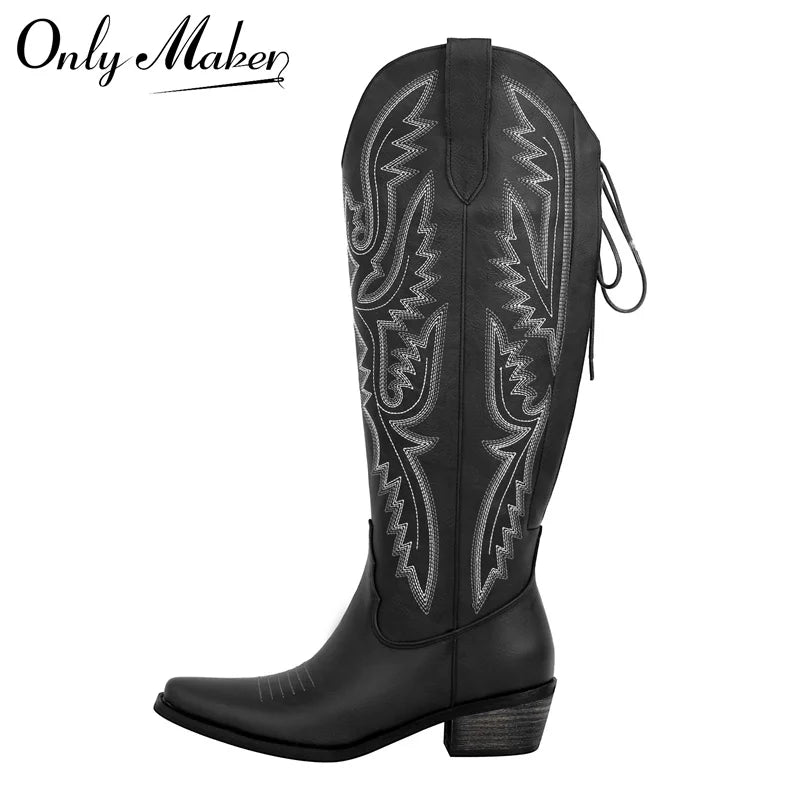 Women Pointed Toe Side Zipper Embroidered Western Cowboy Boots Block Heel Cowgirl Booties