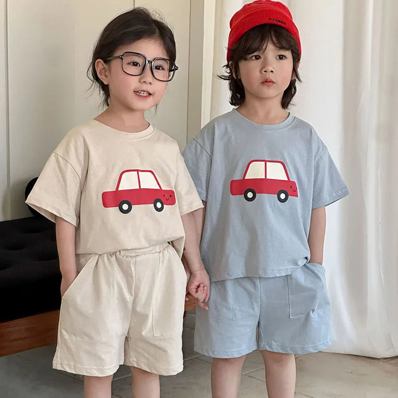 New Summer Kids Clothes Suit Children Cute Cartoon Car T-shirt + Shorts Boys Thin Style 2PCS Outfit 1-4Y Unisex