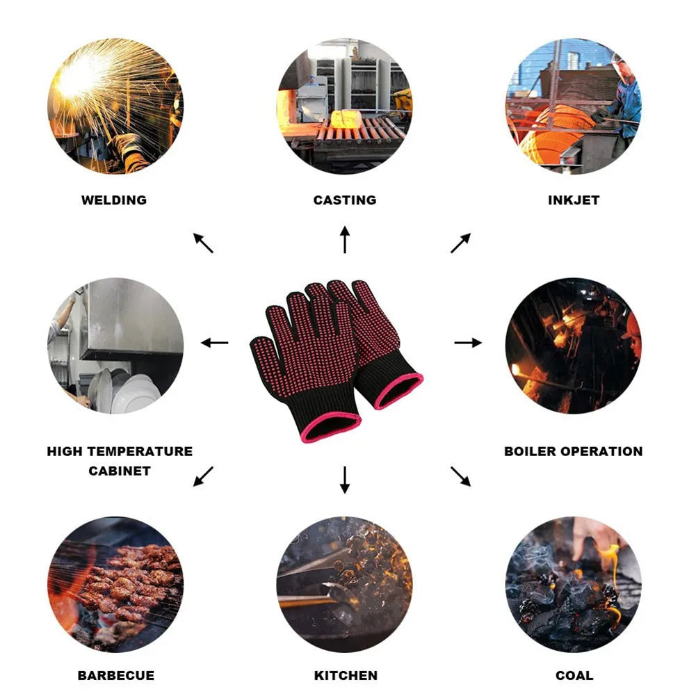 1 Pair Barbecue Anti-scald Gloves Heat Resistant BBQ Oven Gloves Kitchen Fireproof Anti-slip Gloves For Cooking