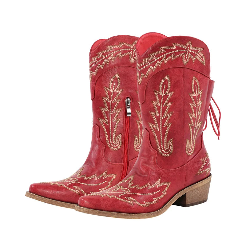Women Pointed Toe Black Embroidery Western Boots Tapered Heel Round Up Mid-Calf Western Cowgirl Boots