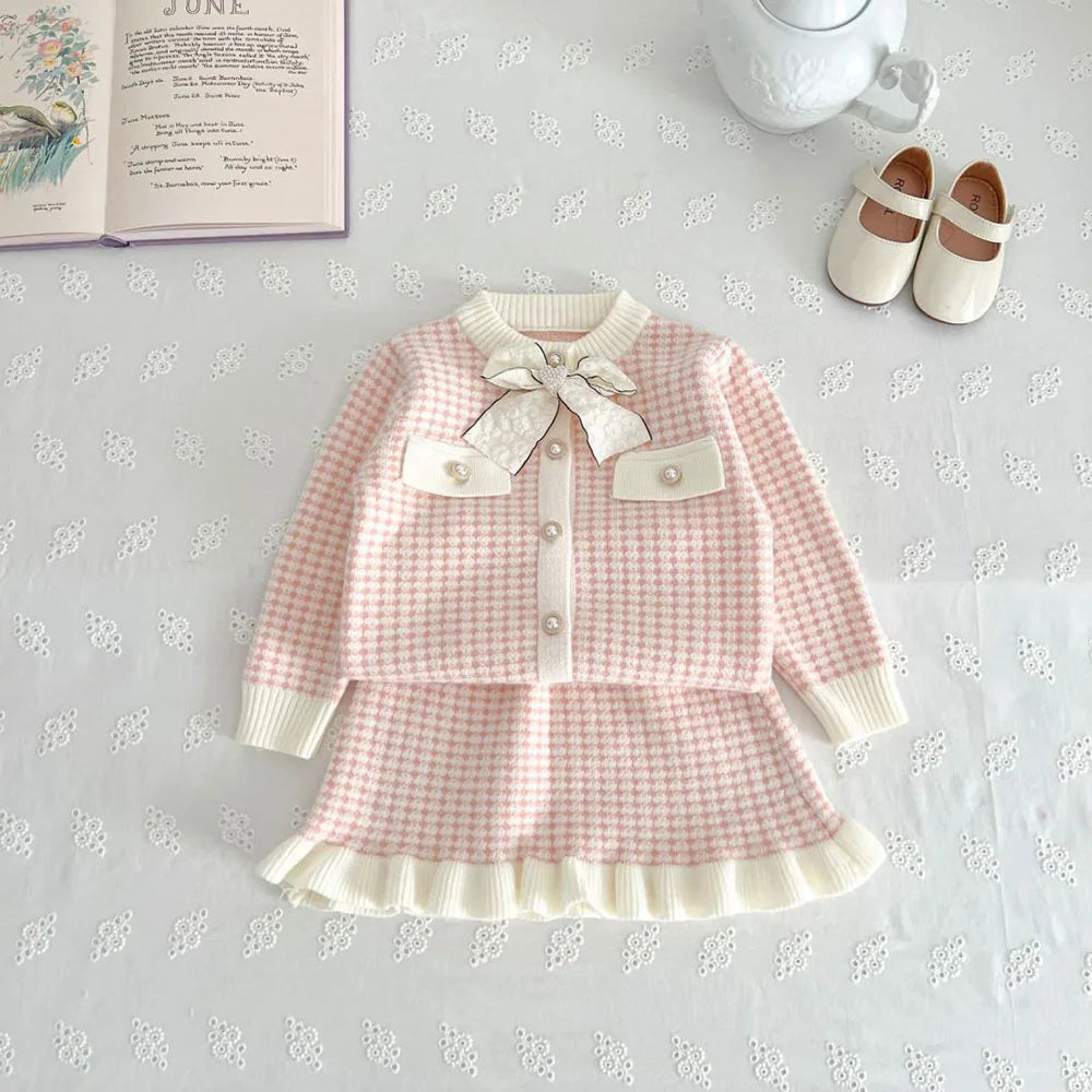 Spring Autumn Children's Clothing Set Girls Plaid Knitted Sweater and Skirt 2PCS Trendy Bow Cardigan Outfit 1-5Y Girls