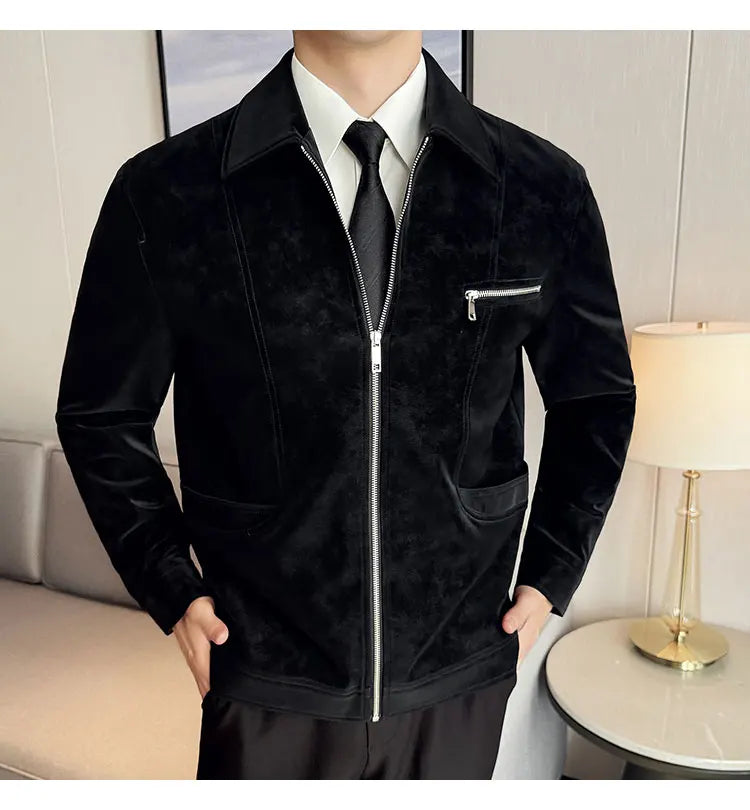 Men's Suede Casual Jacket, Lapel Fashionable Jacket, High-Grade Zipper Decorations, Business Casual Warm Male Coat