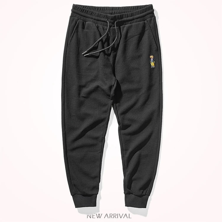 Autumn American Simple Waffle Embroidery Sweatpants Men's Fashion Pure Cotton Loose Elastic Waist Drawstring Sport Casual Pants