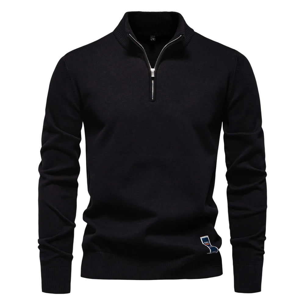 Men's Quarter Zip Cotton Pullover Sweaters Solid Colour Casual Social Knitted Mock Neck Polo Sweaters for Men