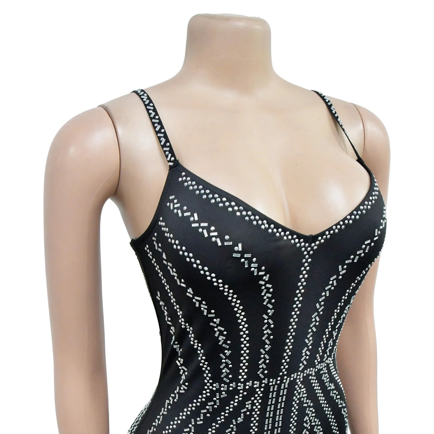 Women's Sexy Solid Color Spaghetti Strap Rhinestone Decor Deep V Neck Party Dress