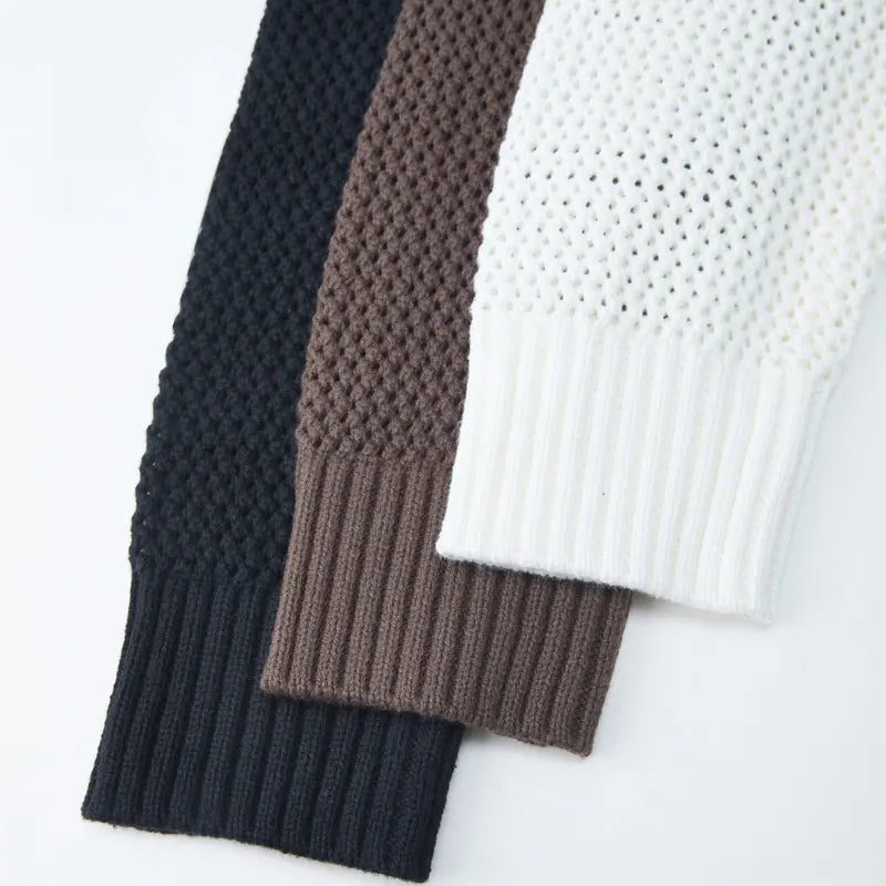 Men's Autumn/Winter Colour-Block Striped Polo Collar Knitted High Quality Hollow Out Cardigan With 60% Cotton