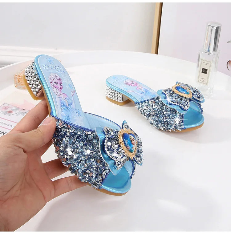 Girl's Summer Sandals Fashion Slippers Sequined Princess Children High Heel Party Dress Elsa Shoes Leather Slipper For Girls