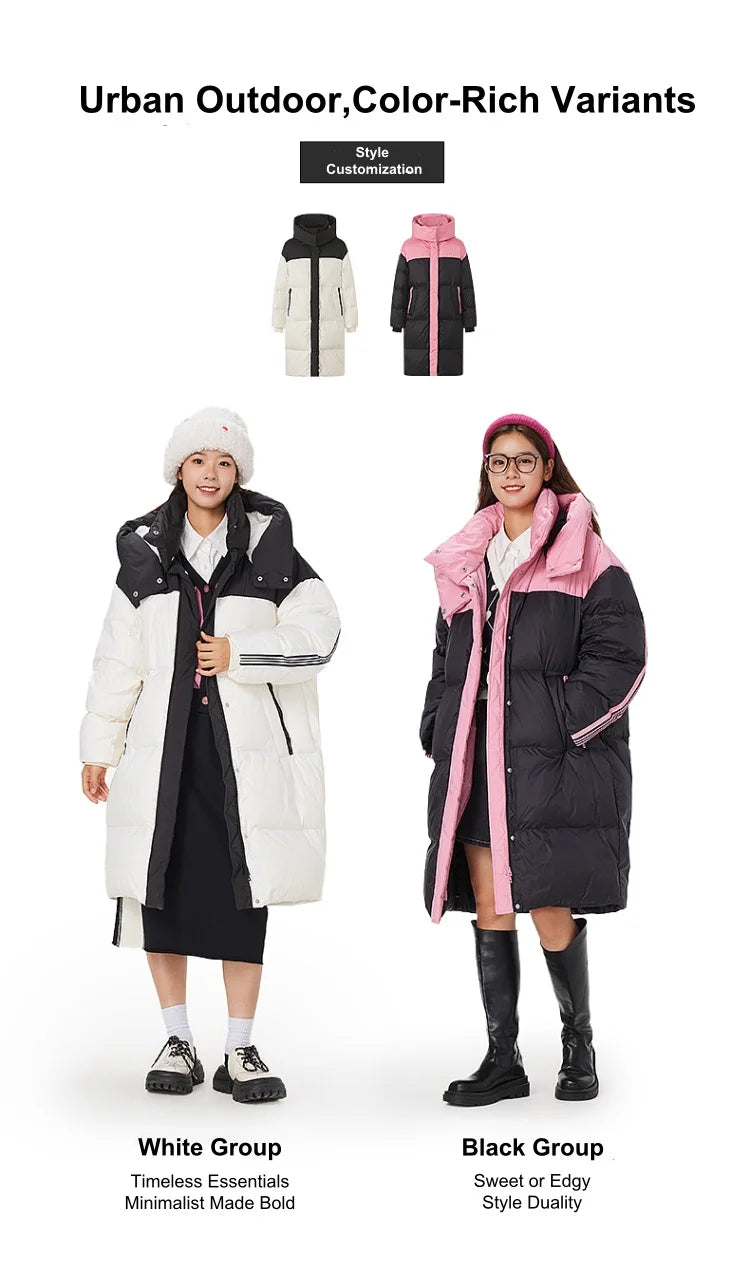 Women's Knee-Length Padded Coat With Detachable Hood, Stylish Colour-Blocking Windproof, Warm Duck Down Jacket For ladies