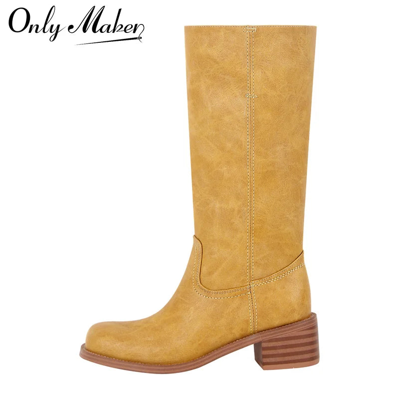 Women Round Toe Knee High Boots Low Heel Fashion Pull on Wide Calf Boots