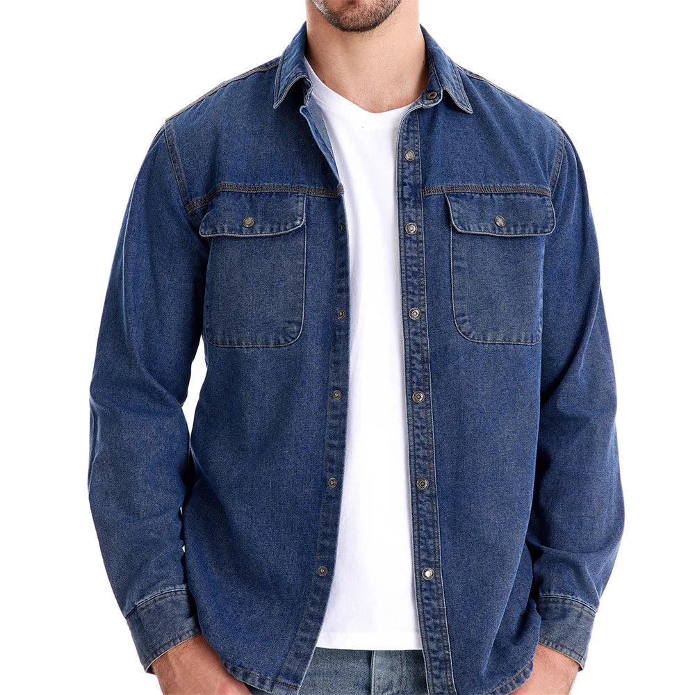 Men's 100% Cotton Denim Shirts Double Pocket Casual Cowboy Shirts Long Sleeve Autumn Jeans Shirts for Men